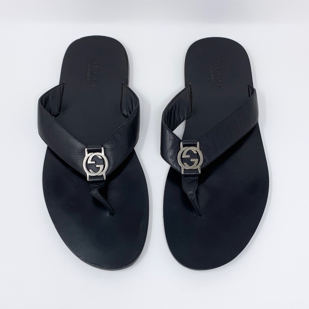 Gucci Interlocking GG Leather Thong Sandals (Sz UK 11 / US 12) Black Silver